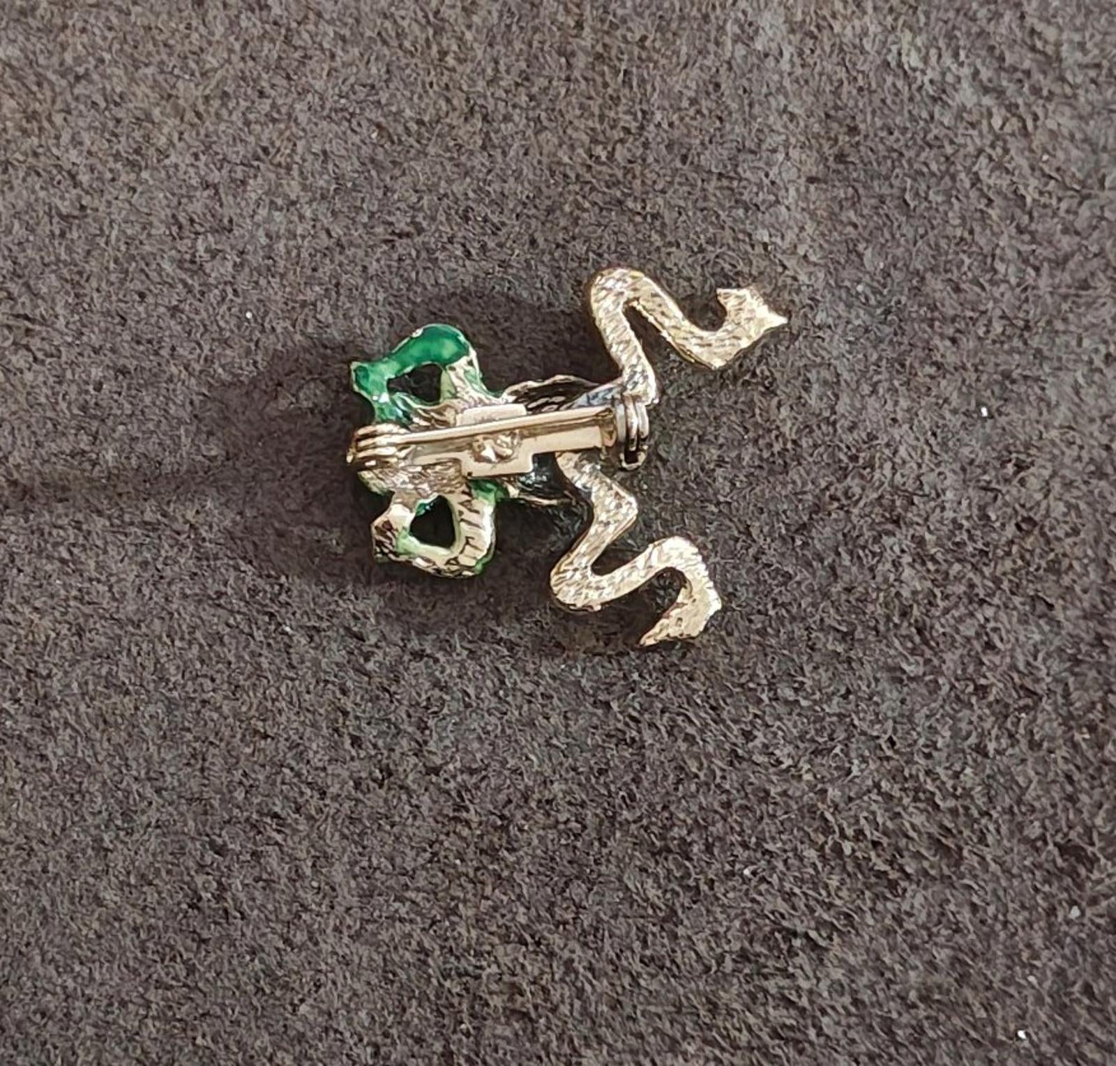 1960s/70s Gold Tone Green Frog Enamel With Red Jeweled Eyes Brooch Pin