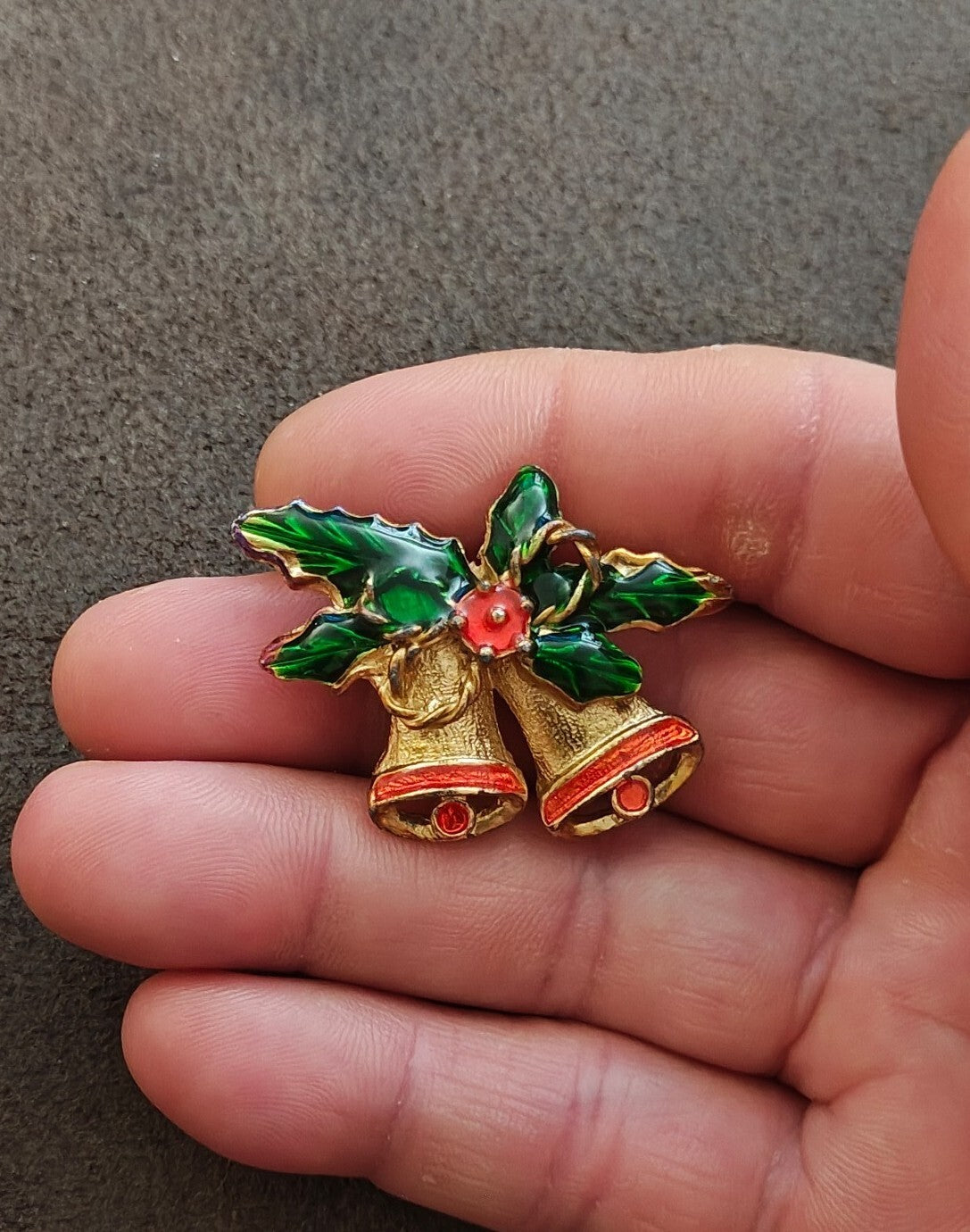 1970s Vintage Gold Tone Enamel Christmas Bells Brooch Pin