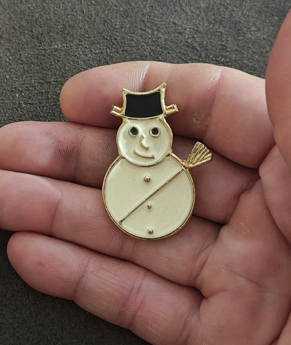 1980s Gold Tone Enamel Holiday Snowman Brooch