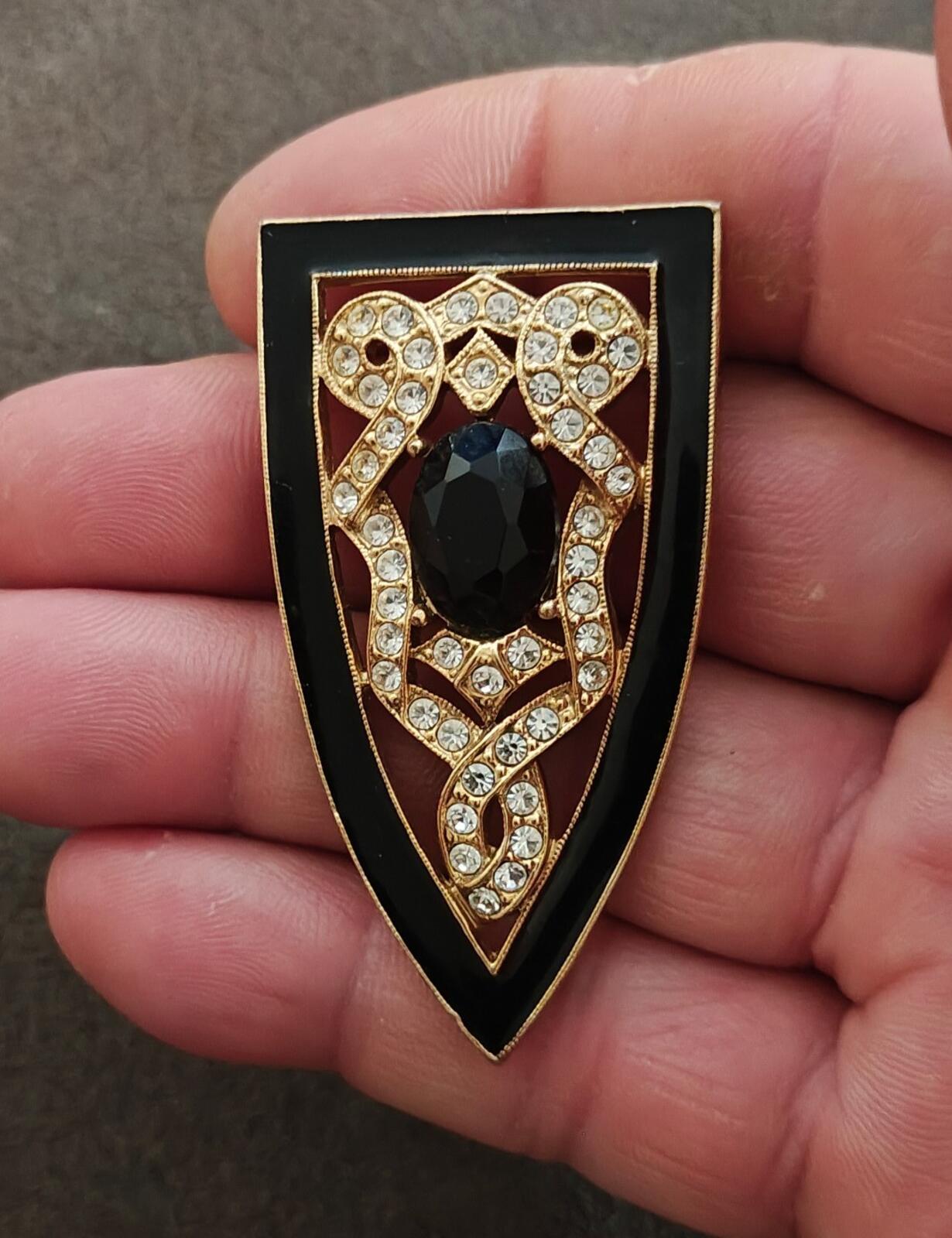 80s Gold Tone Art Deco Enamel Rhinestones & Black Stone 1928 Jewerly Co. Brooch