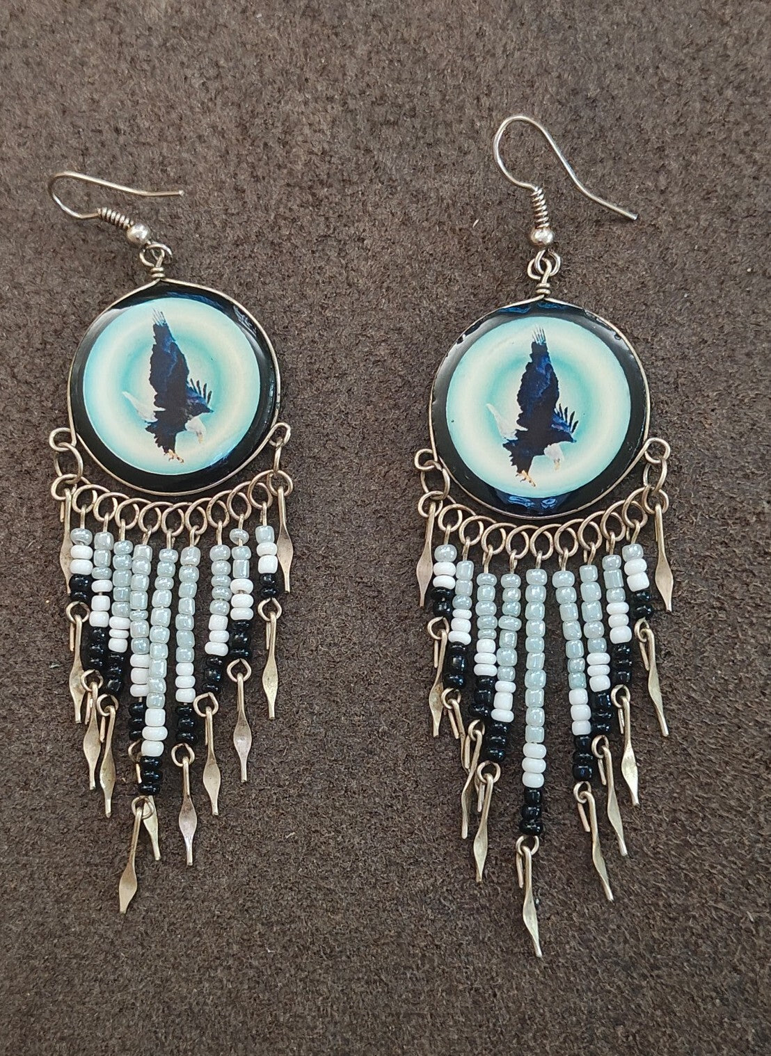 Native American Style Eagle Beaded Fringe Dangle Earrings