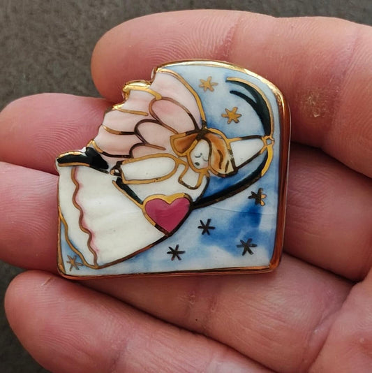 1980s Ceramic Multi-Color Enameled Flying  Angel Brooch