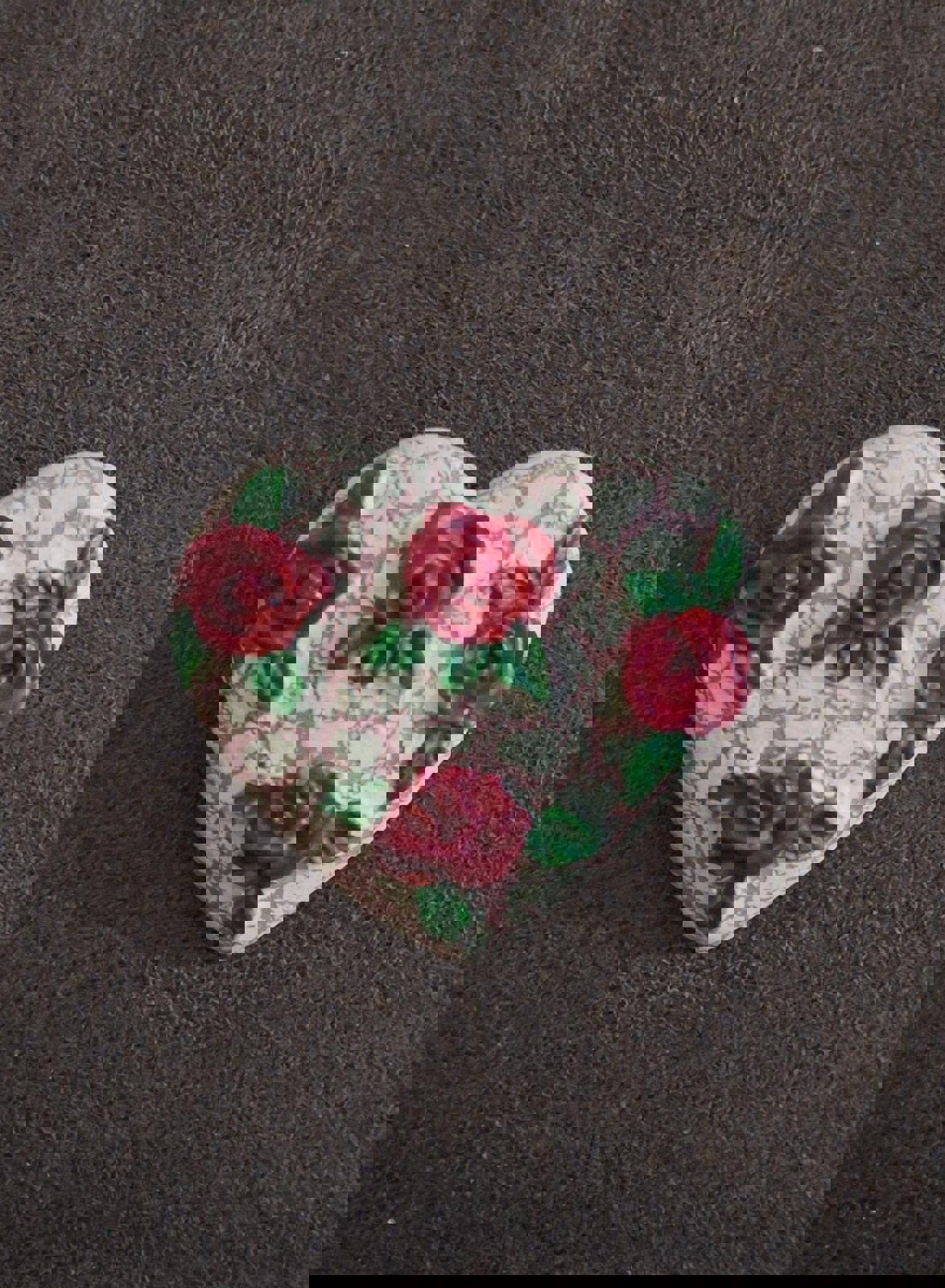 1980s Crackled White Heart Red Roses Resin Pin