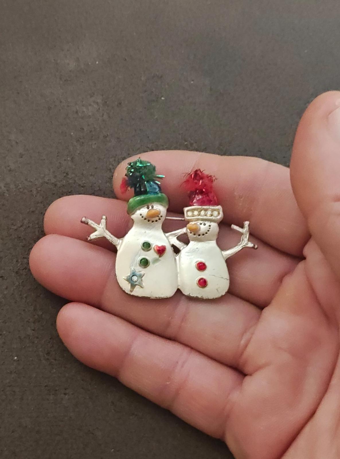 1980s Silver Tone With iridescent Rhinestones Two Snowman Enamel Brooch