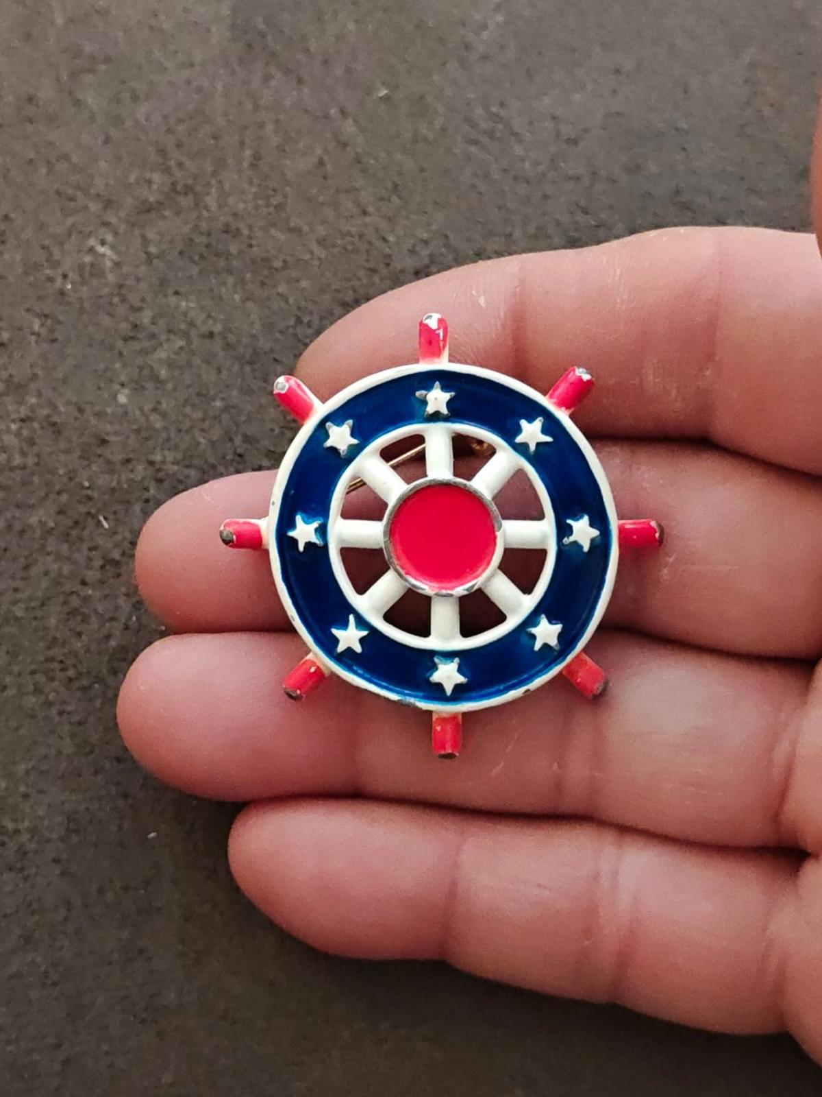 1950s R.N.K. Nautical Red, White and Blue Ship's Wheel Metal Enamel Brooch