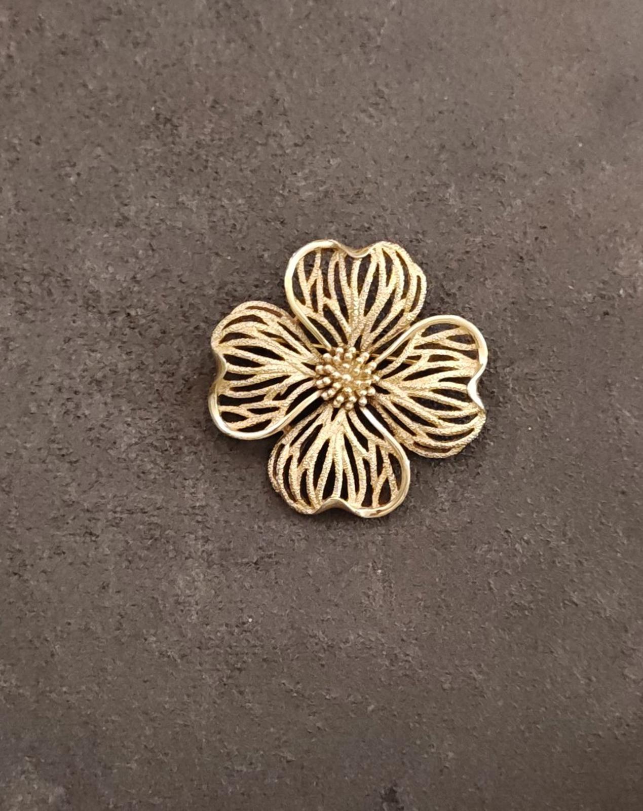 1950s/60s Gold Tone Vintage Textured Crown Trifari Dogwood Flower Brooch