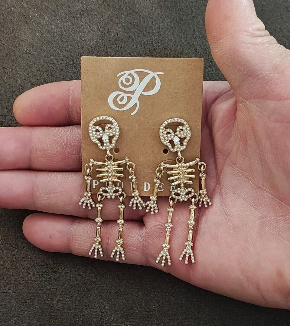 Plunder Design Halloween Pearl Skeleton Statement Gold Tone Earrings