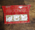 Set of three bisque porcelain ornaments in red gift box, gold trim and hanging loops