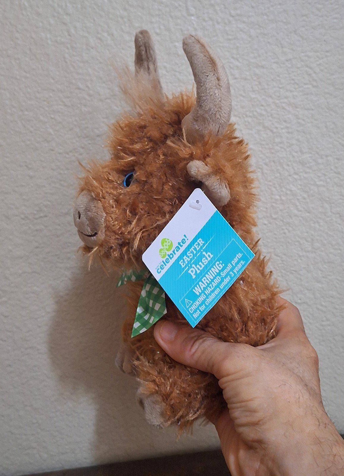 Brown Easter shaggy bull plush with blue eyes and green gingham bow, side view