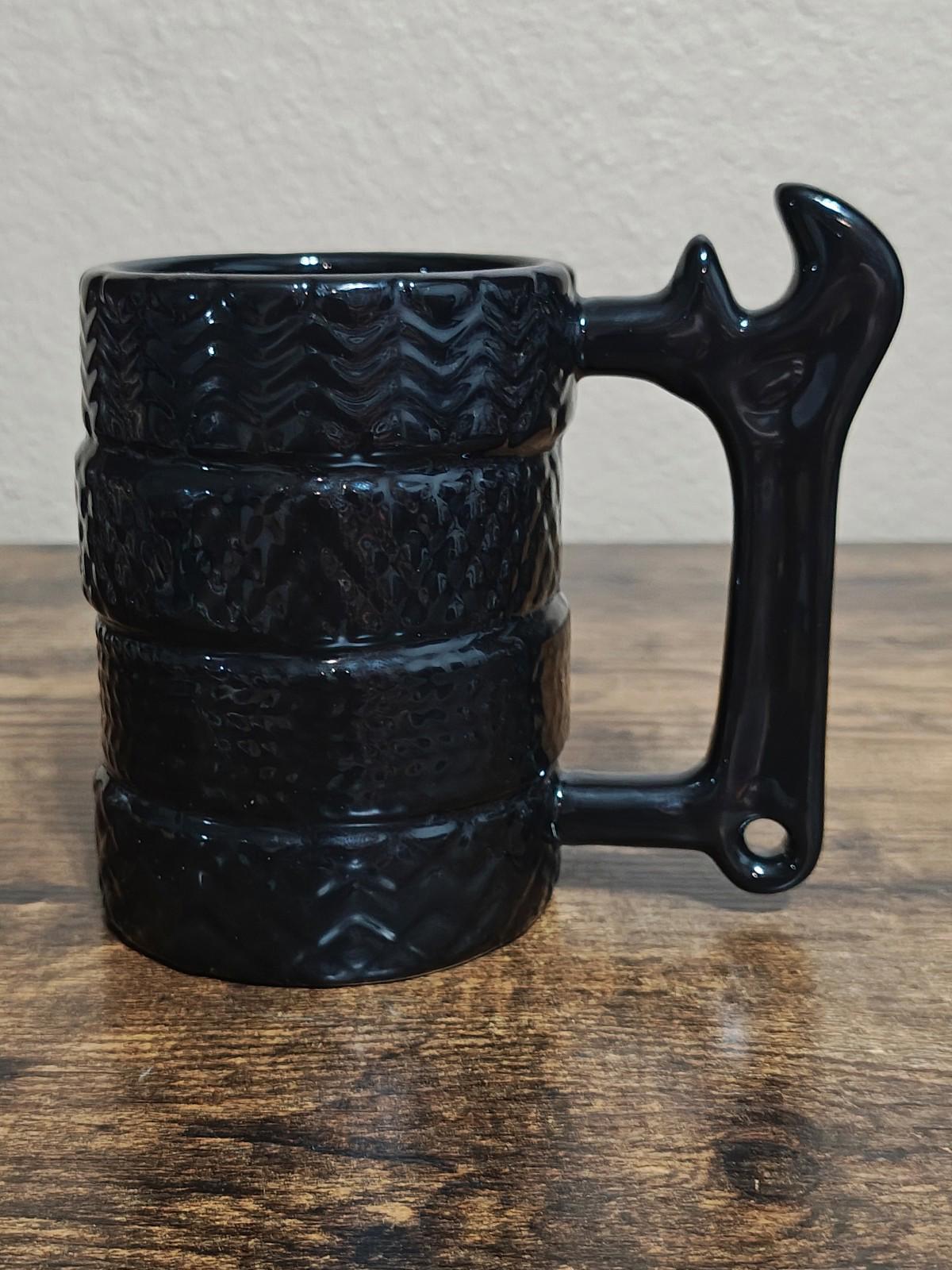 1990's Textured Black Ceramic Glaze Wrench Handle Mug