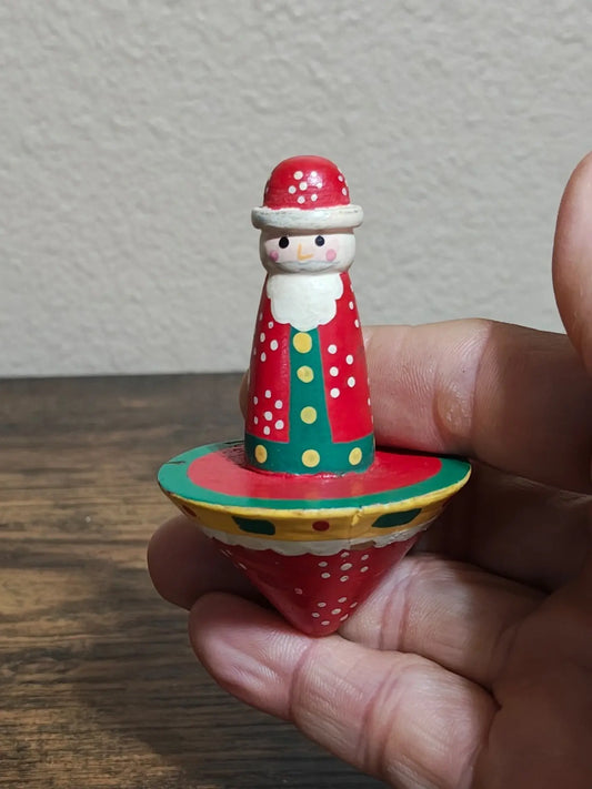 1970s Vintage Folk Art Hand Painted Santa Wooden Spinning Top Toy