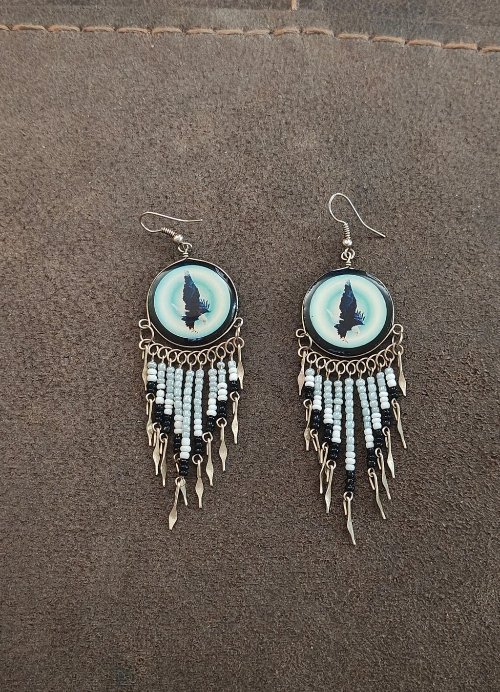 Native American Style Eagle Beaded Fringe Dangle Earrings