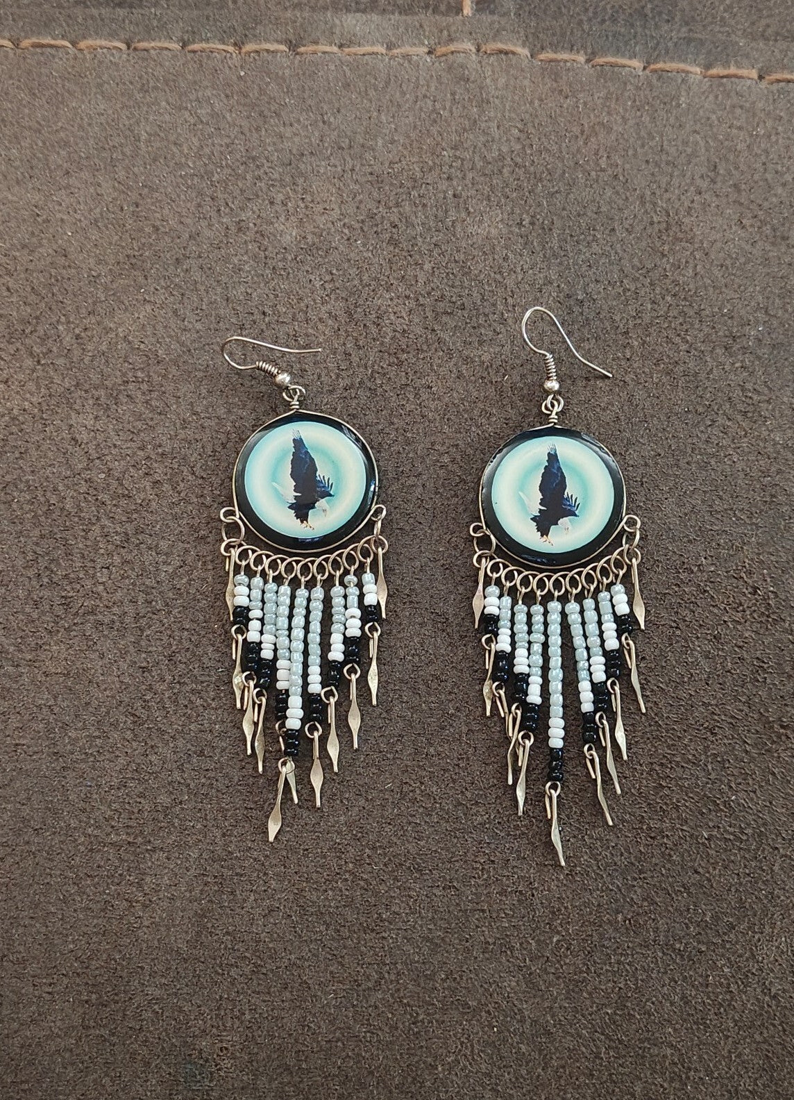 Native American Style Eagle Beaded Fringe Dangle Earrings