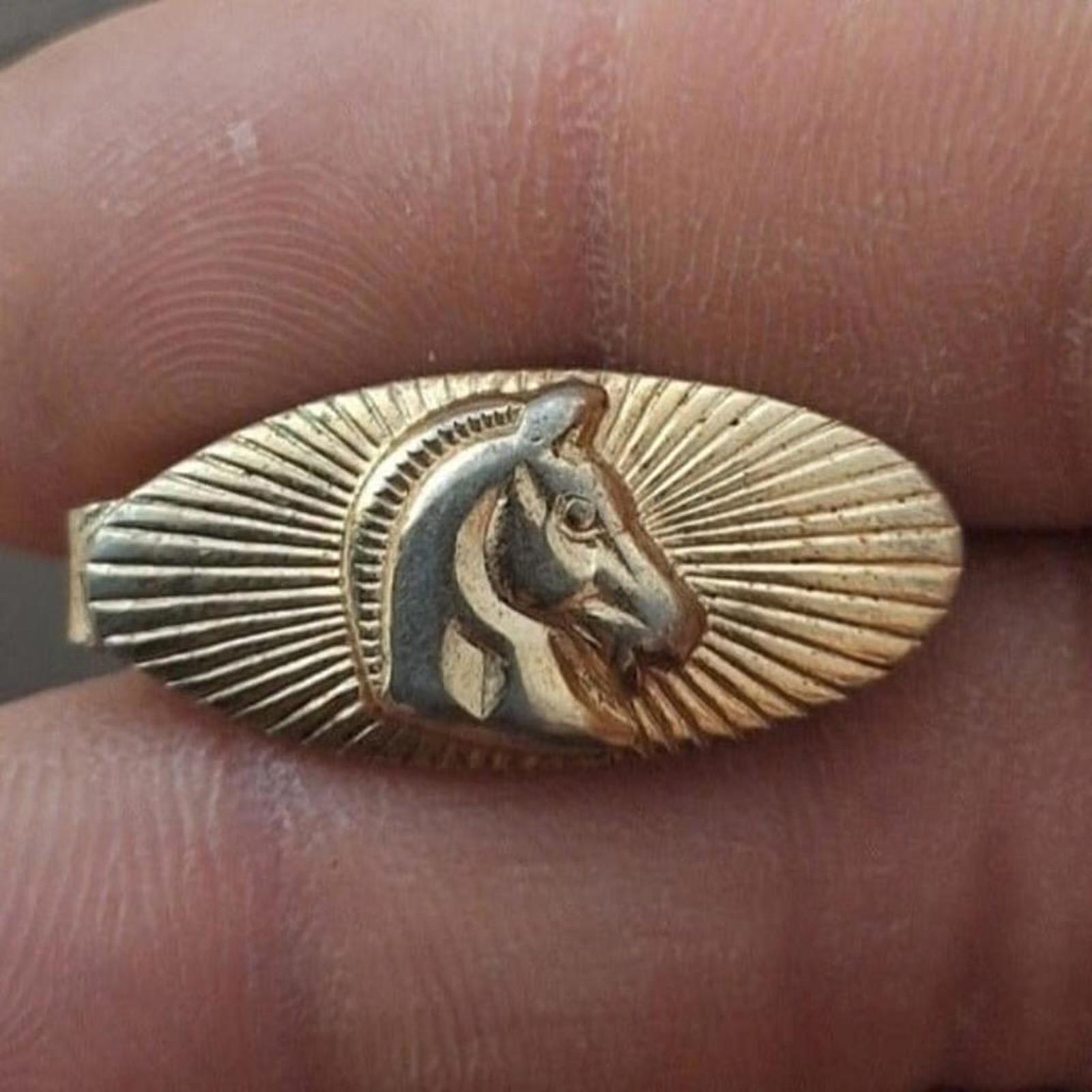 Gold-tone oval tie bar clip close-up with raised horse profile in sunburst border