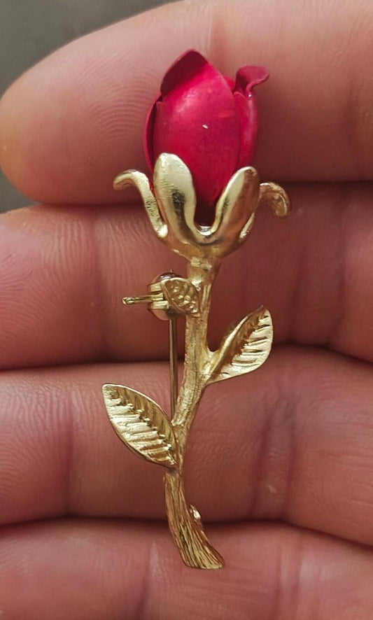 1980s Gold Tone Red Enamel Red Rose Bud With Single Stem Brooch