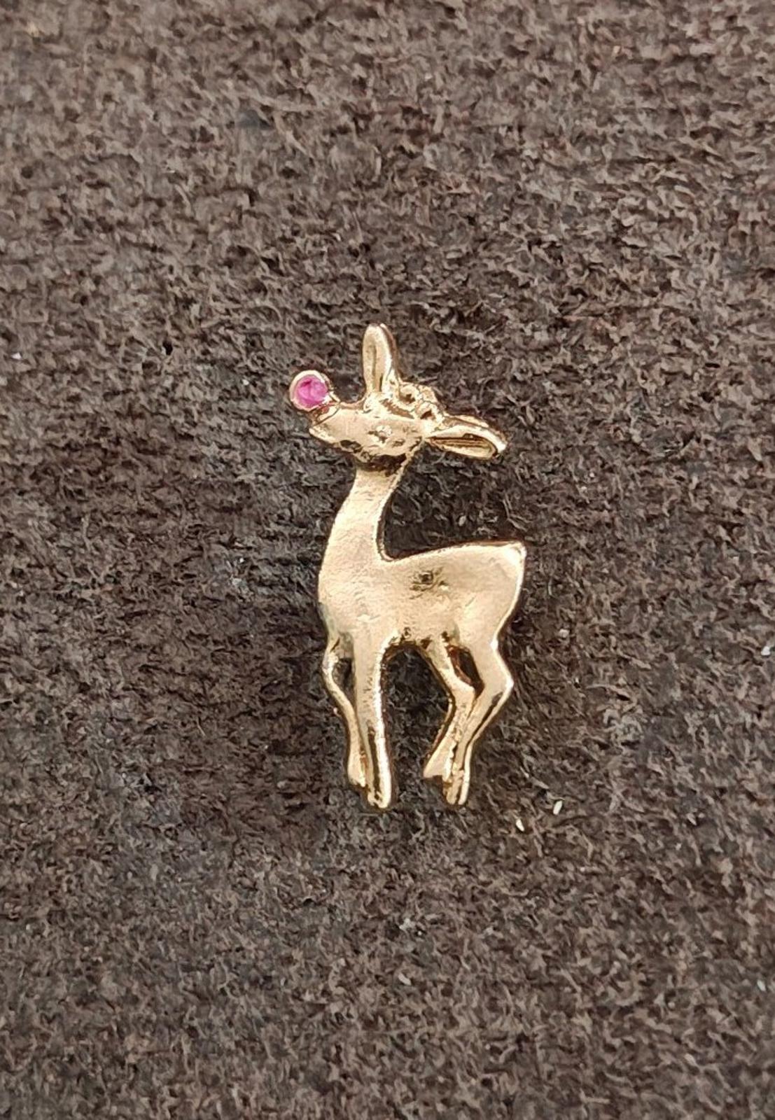 80s Rudolph Red Nosed Reindeer Harriet Carter Genuine Ruby 24k GEP Pin