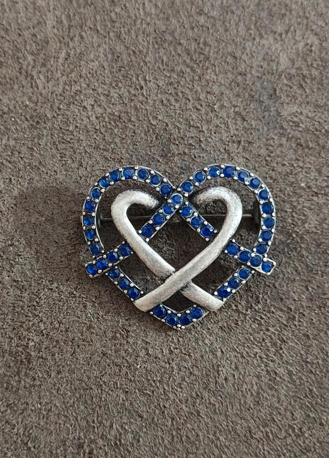 1980's Ornate Heart With Blue Rhinestones Pewter Brooch Pin