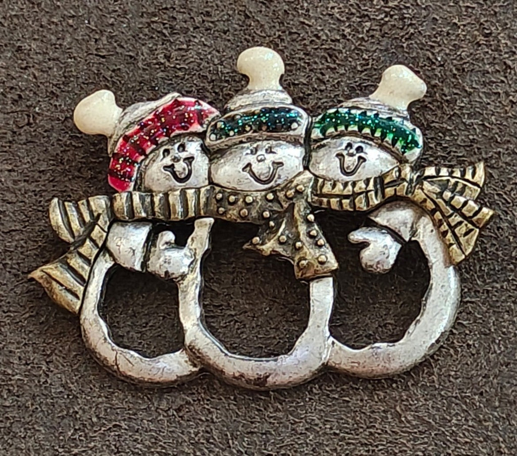 1980s Pewter Triple Snowman Holiday Brooch Pin
