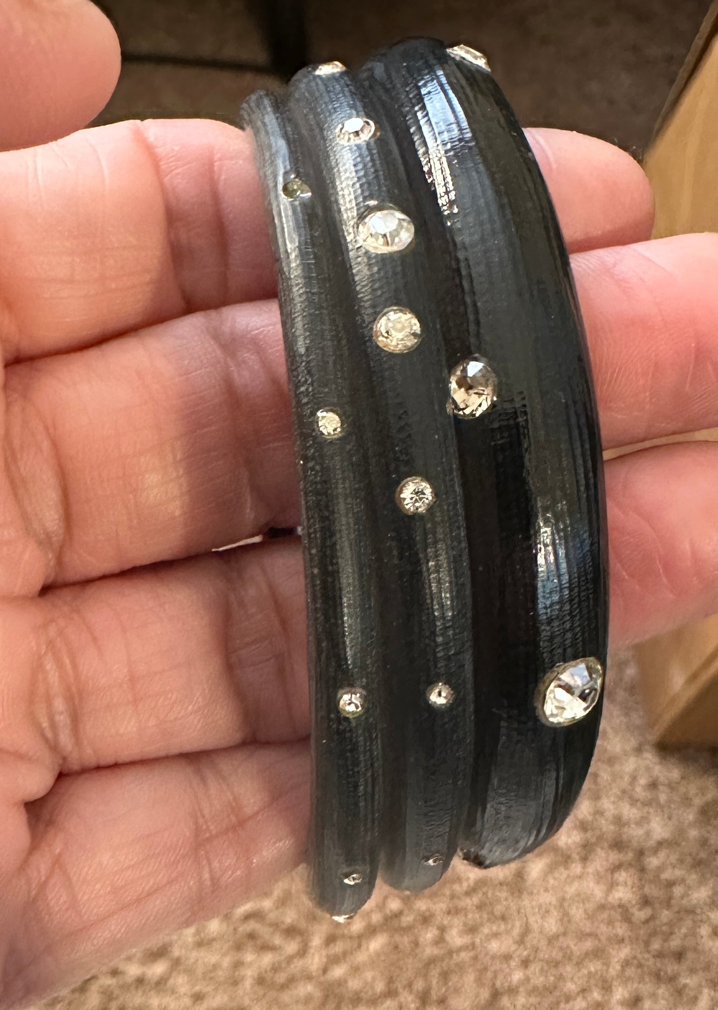 3 Alexis Bittar Smokey Gray Black Lucite Bangles With Crystal Embellishments