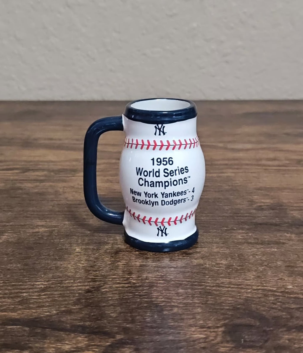Miniature Yankees mug with blue handle, '1956 World Series Champions' text