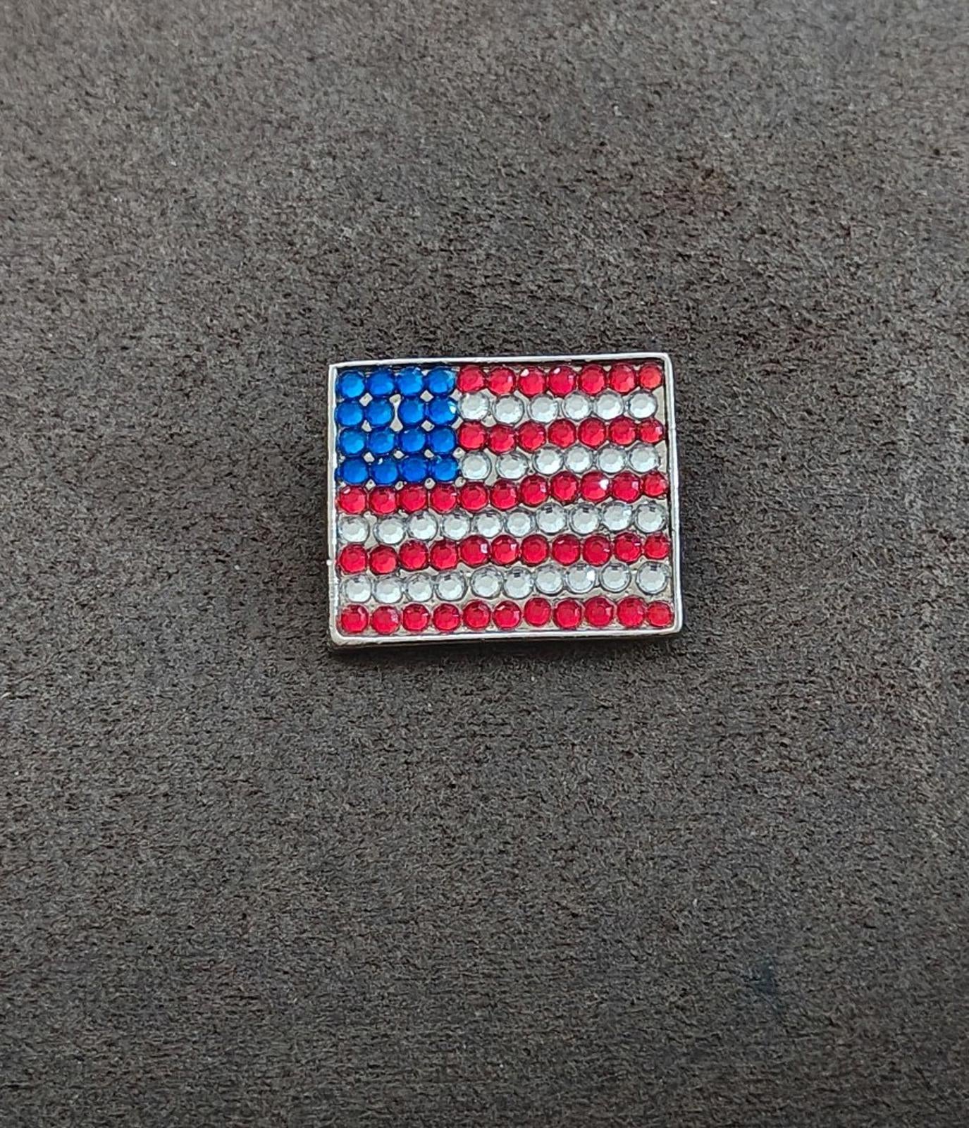 1980s Gold Tone American Flag With Red White and Blue Rhinestones Brooch