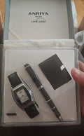 Mens black watch and pen with black cardholder in gift set tray.