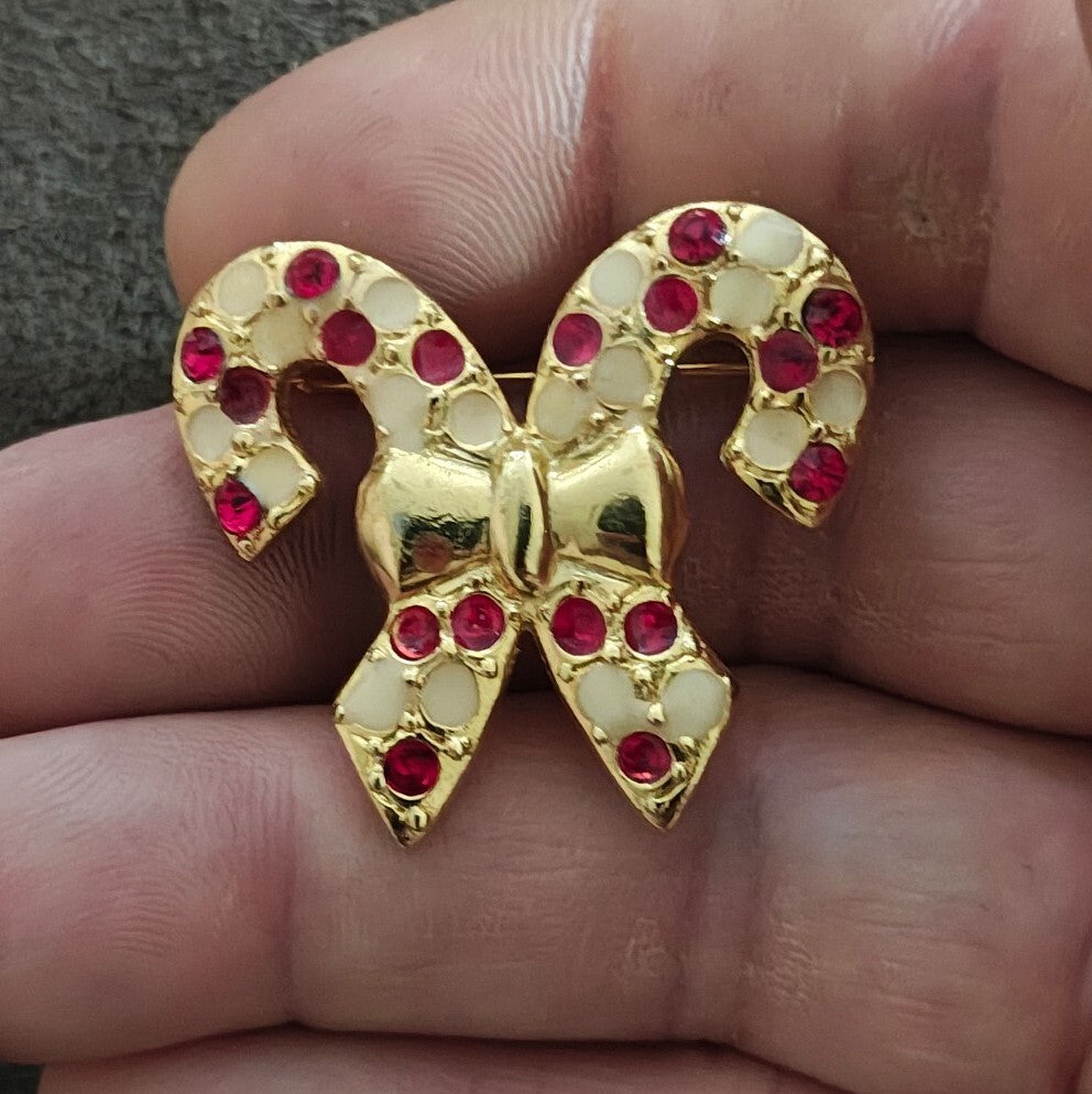 1970s/80s Gold Tone Candy Cane Brooch with Red and White Enamel