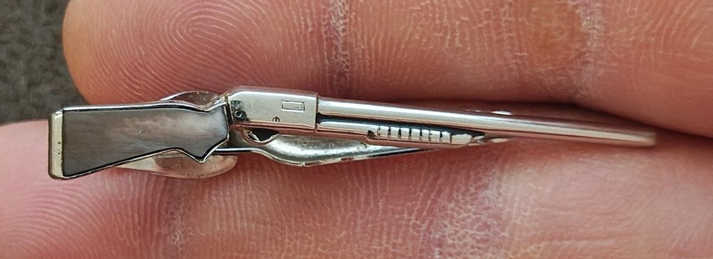 1950s Signed Swank Silver Tone Mother of Pearl Rifle/Shotgun Tie Bar Clip
