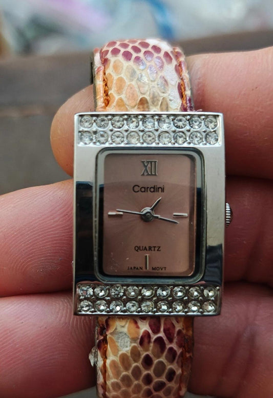 1980s Vintage Cardini Square Bezel With Rhinestones Pink Dial Ladies Cuff Watch