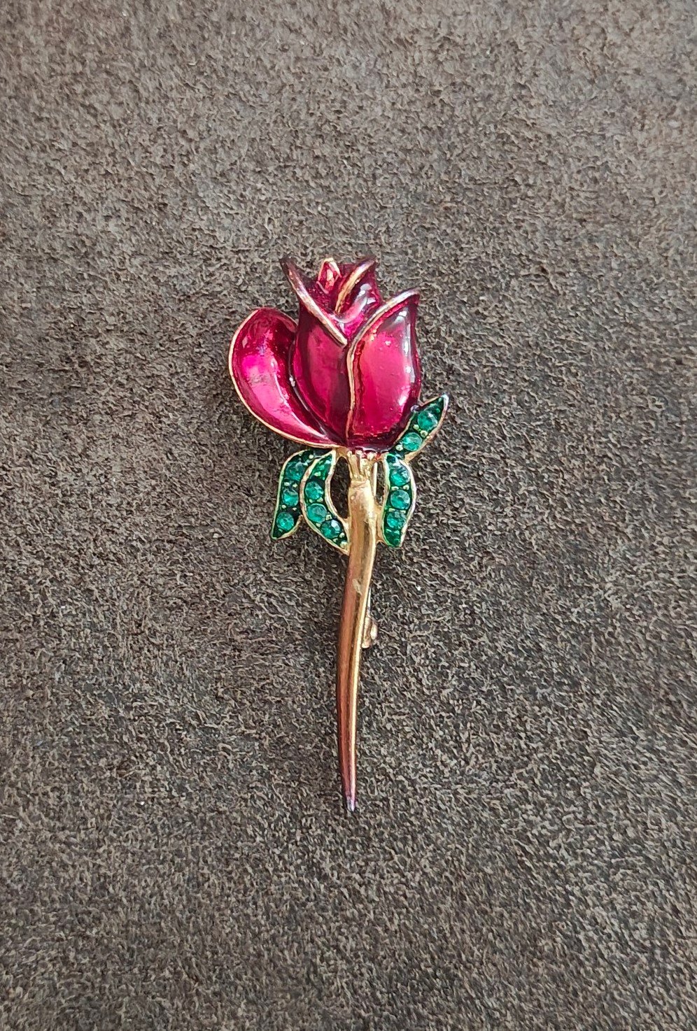1980s Gold Tone Red Rose Brooch With Green Rhinestones Brooch Pin