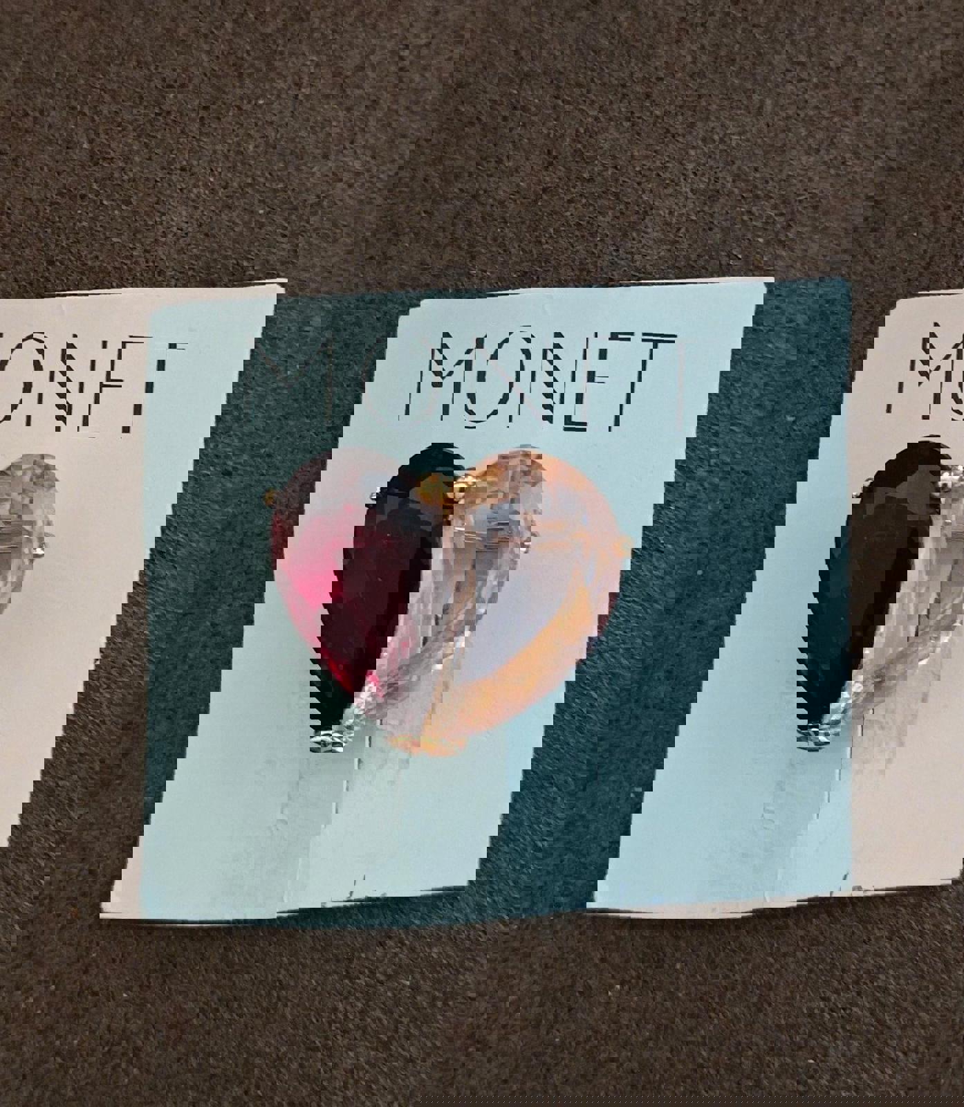 1980's Monet Diamond Cut Red & Pink Heart Shaped Stones Brooch Pin