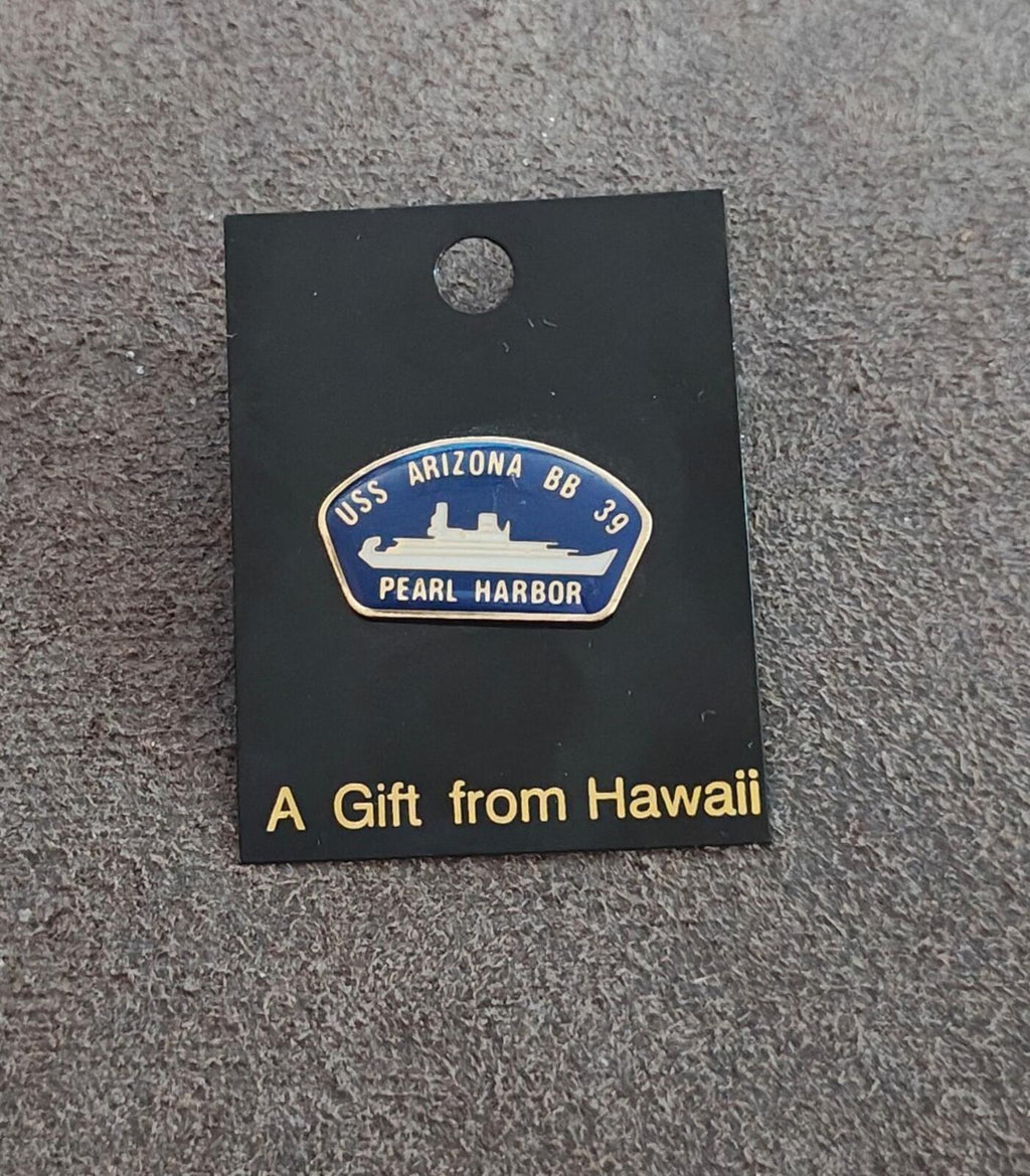 Gold tone and blue enamel USS Arizona BB-39 Pearl Harbor pin on gift card