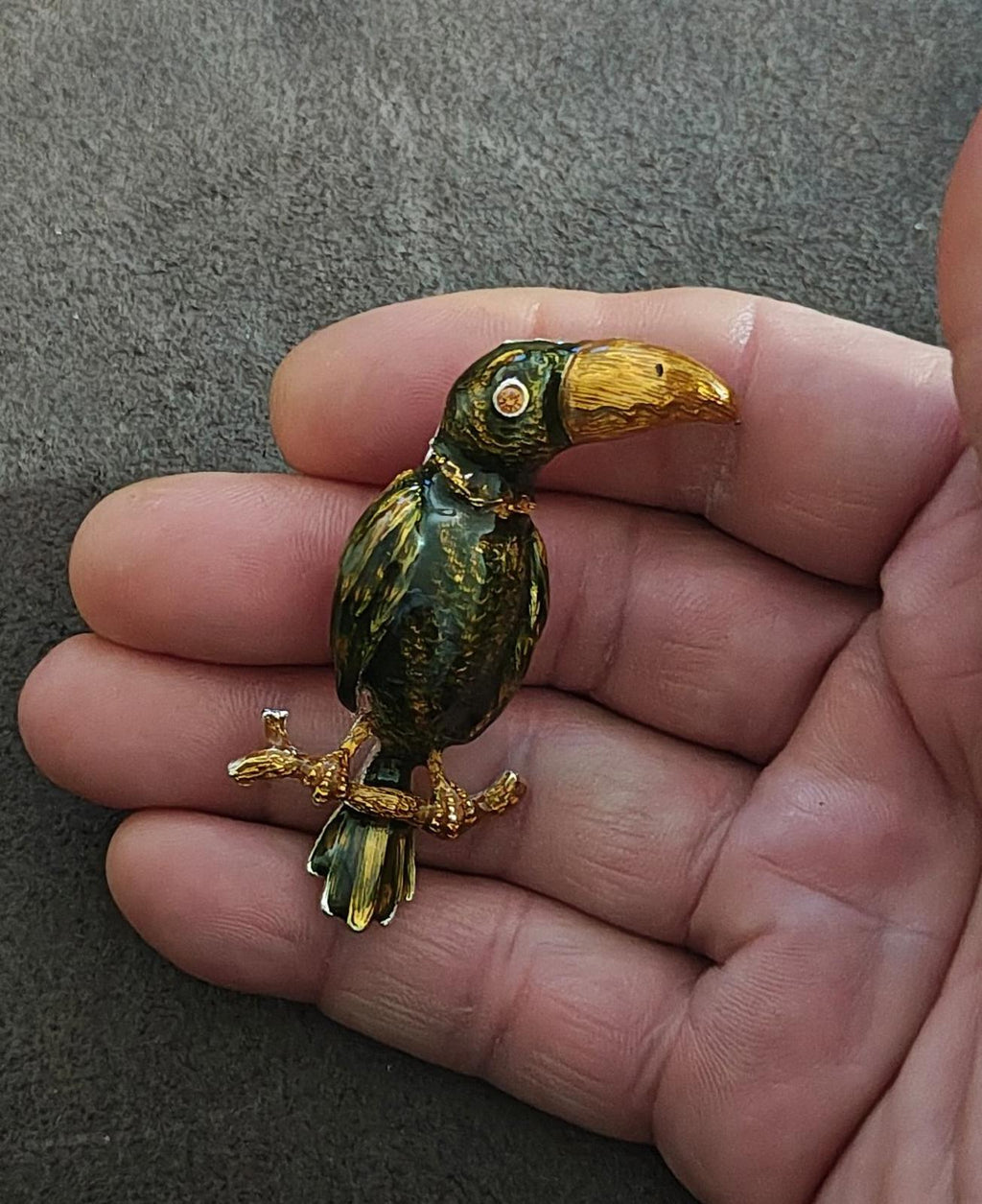1980's Green And Orange Enamel Toucan Bird With Pink Brooch