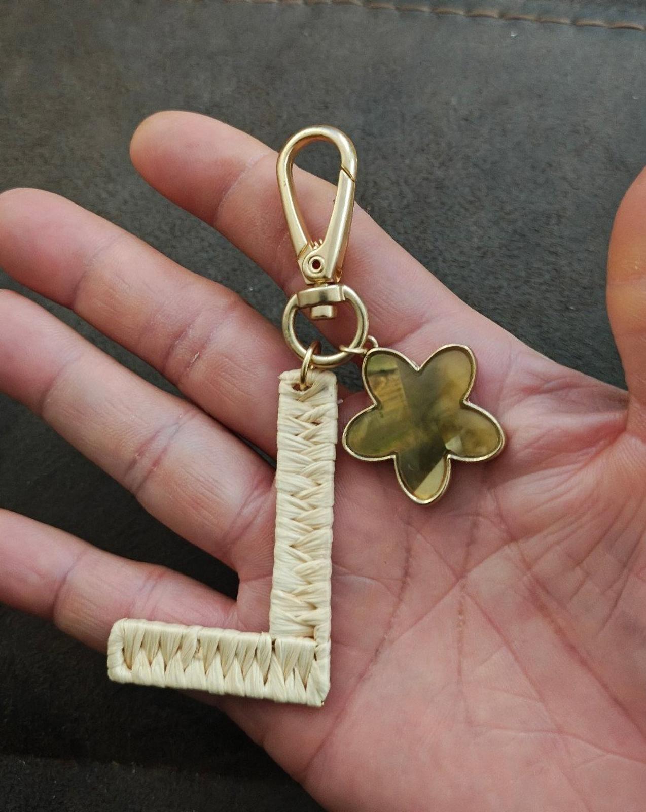 Anthropologie Monogram Letter H With Mother Of Pearl Flower Wicker Keychain