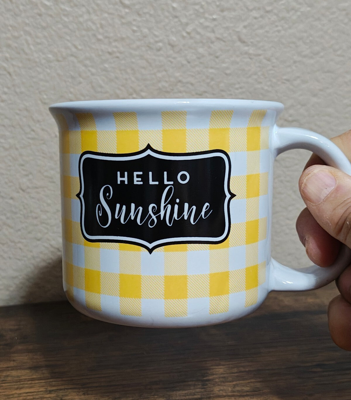 Hello Sunshine Yellow, Black & White Gingham Mug