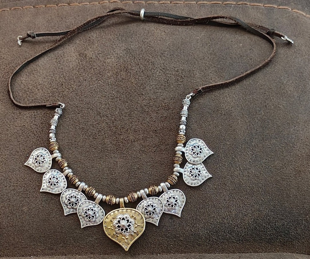 Lucky Brand Two Tone Medallion Bead & Adjustable Leather Cord Pendant Necklace