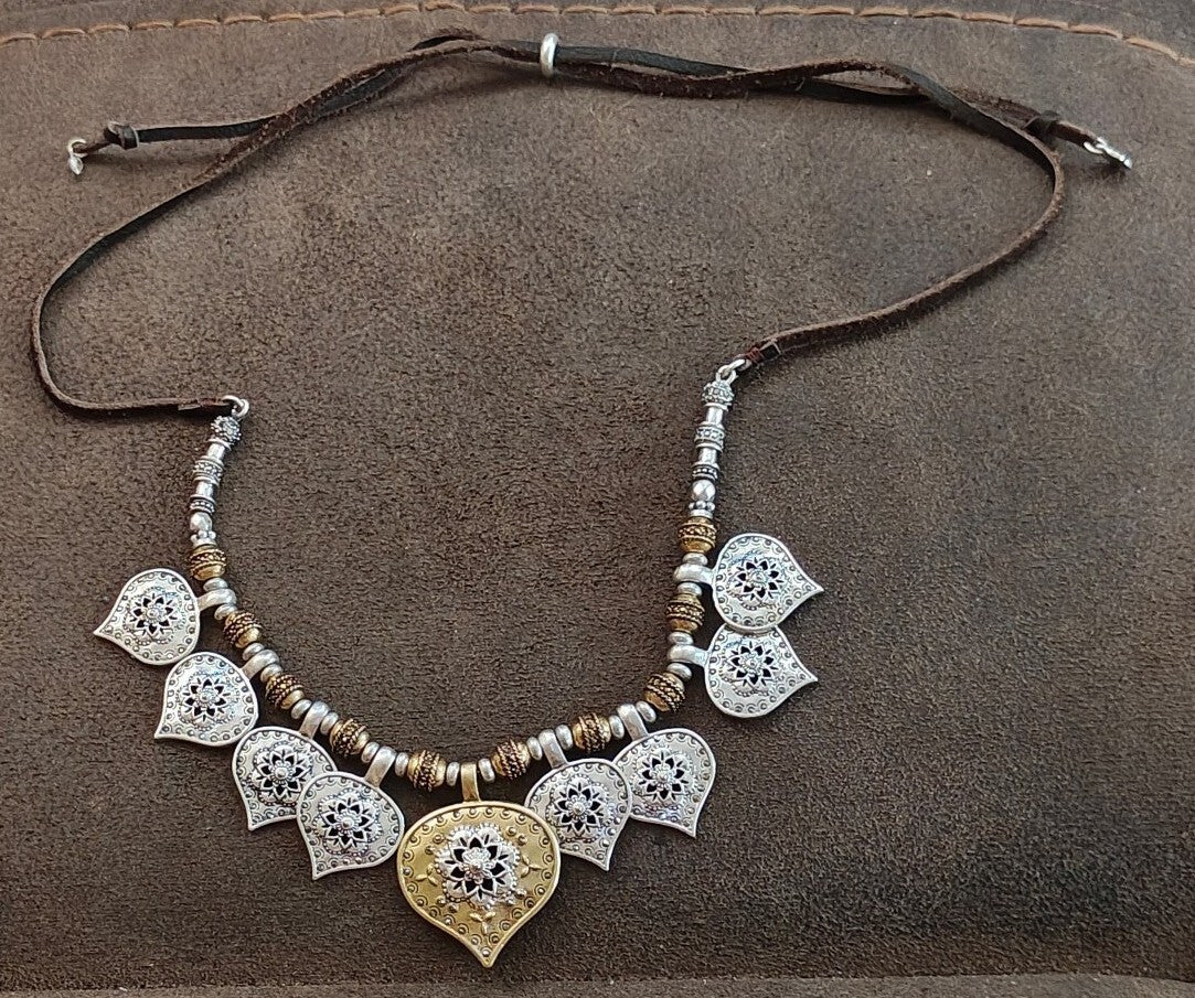 Lucky Brand Two Tone Medallion Bead & Adjustable Leather Cord Pendant Necklace