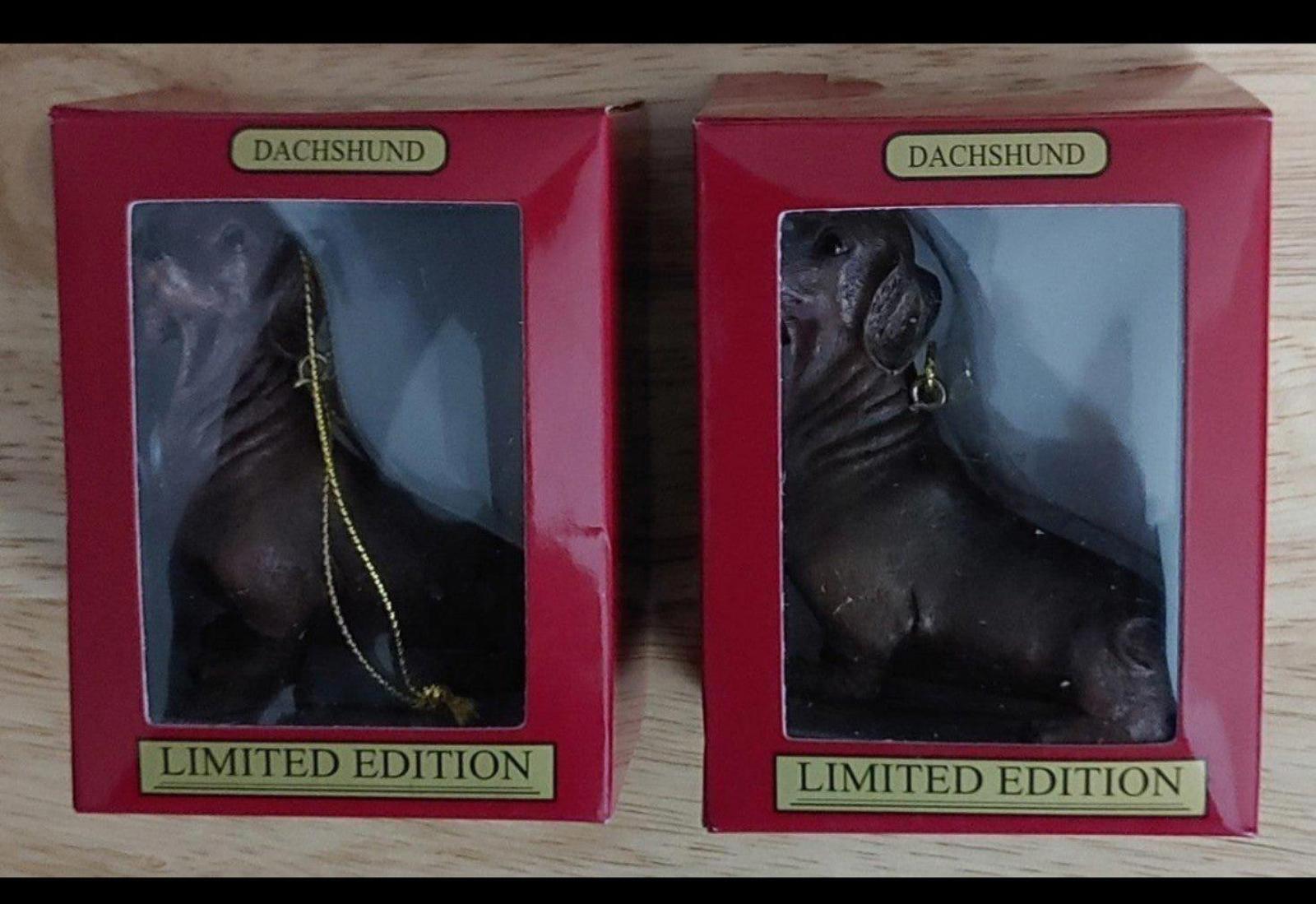Set of 2 chocolate brown dachshund Christmas ornaments in red display boxes
