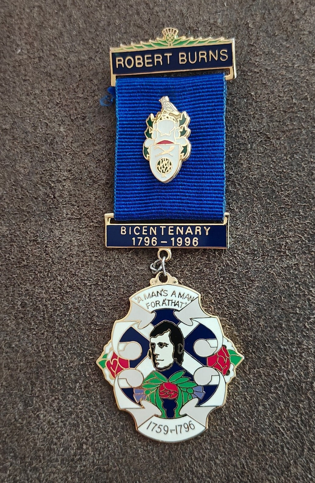 1996 Robert Burns Bicentenary Commemorative Medal Ribbon Badge Pin