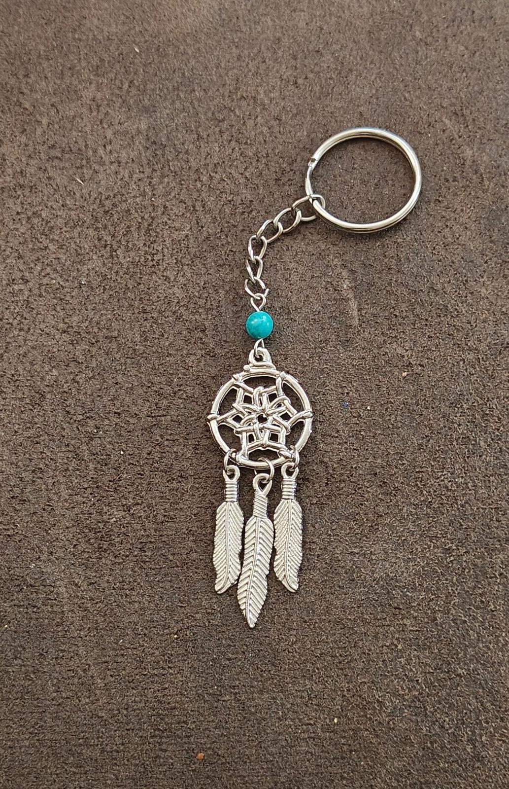 1990s Vintage Silver Tone With Faux Turquoise Bead Dreamcatcher Keychain