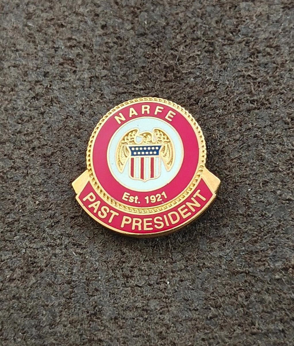 Red and gold enamel association pin featuring “NARFE” and eagle crest at top