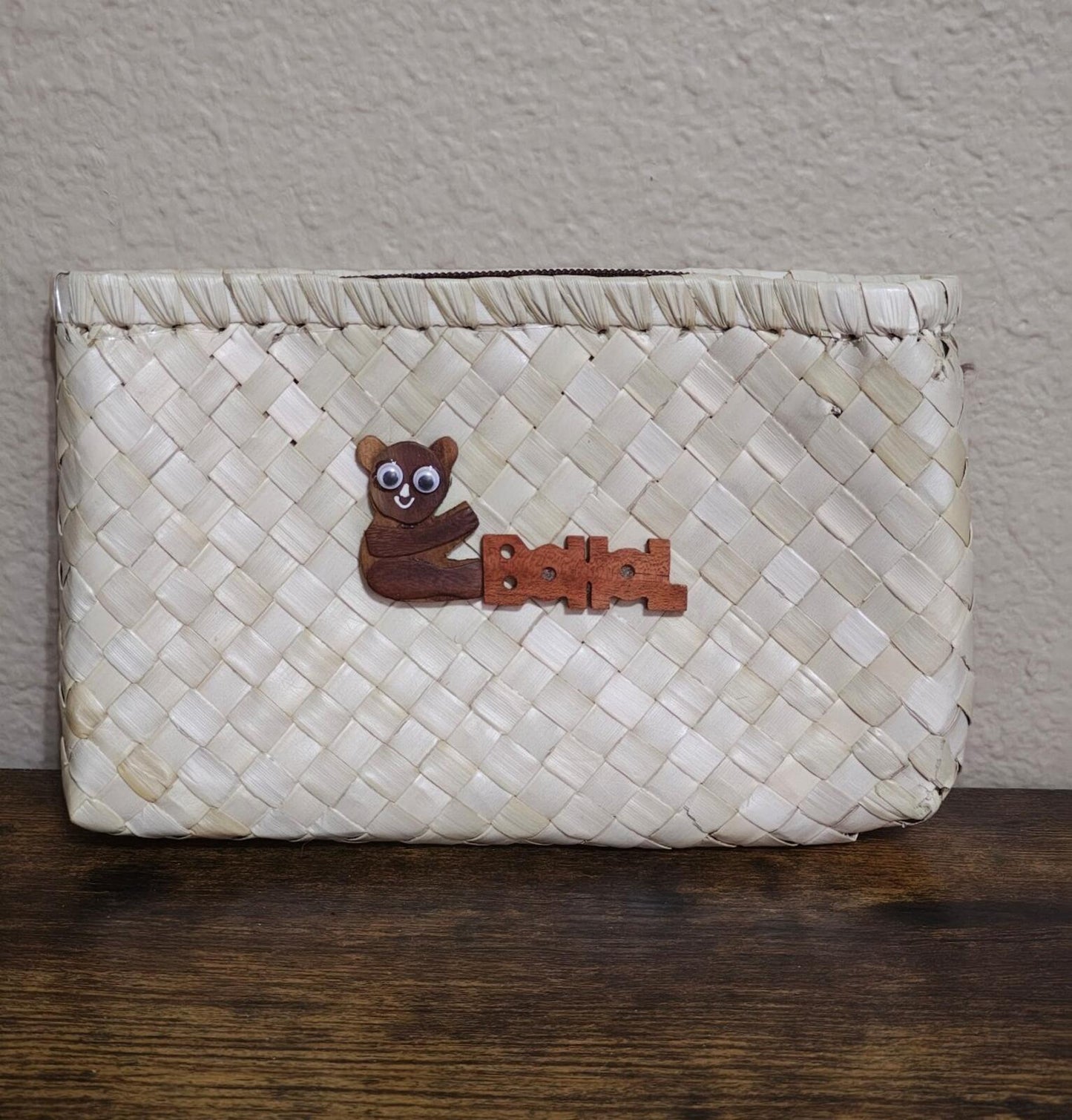 Traditional Handwoven Souvenir Pouch With Wooden Philippine Tarsier Emblem