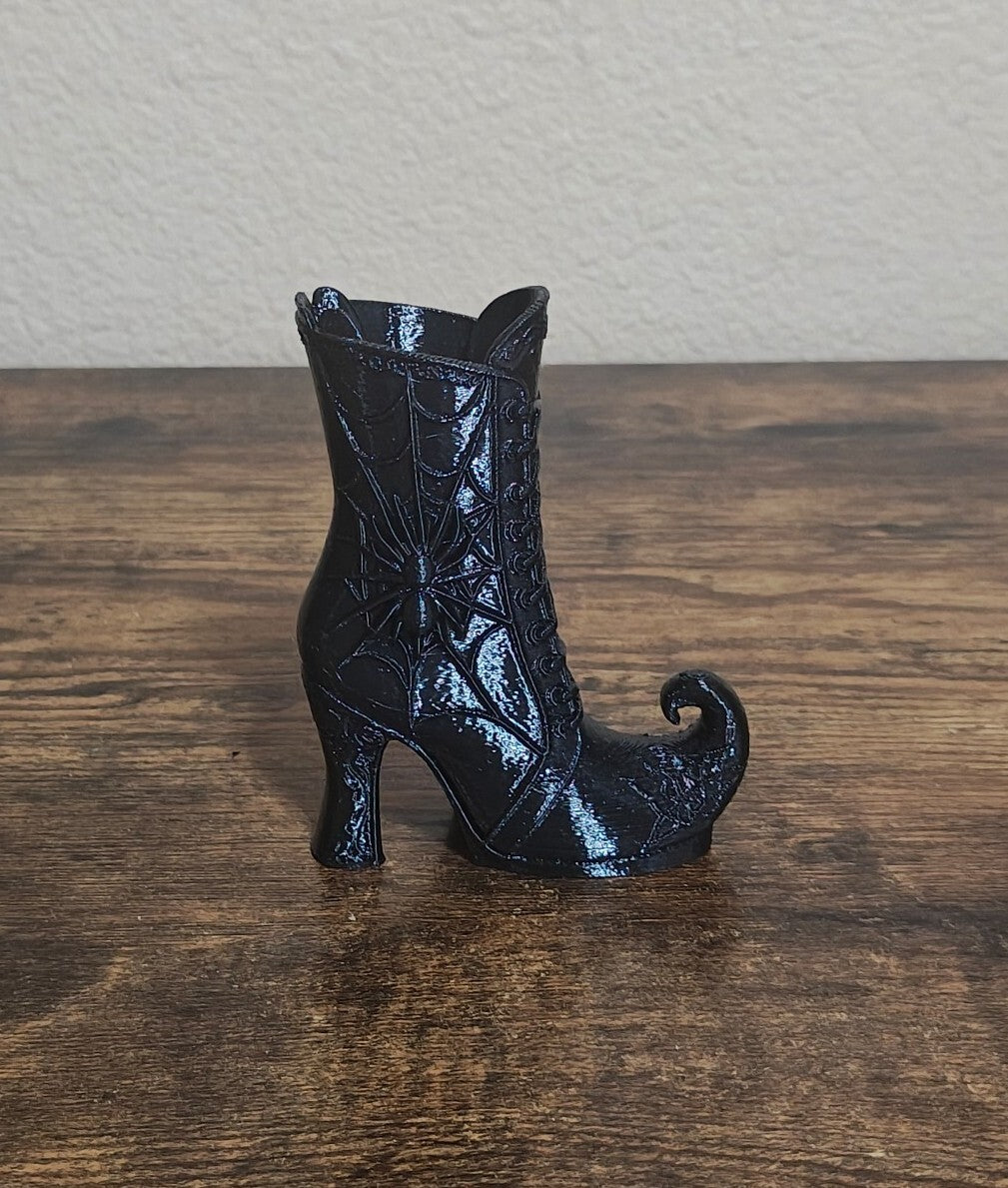 3D Printed Black Gothic Curled Toe Spider Web Witch Boot Small Vase/Holder