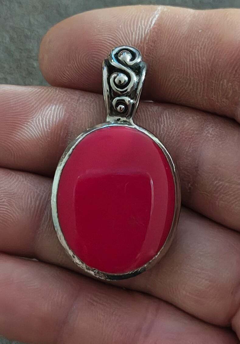 1980s Boho Style Red Stone Silver Tone Pendant.