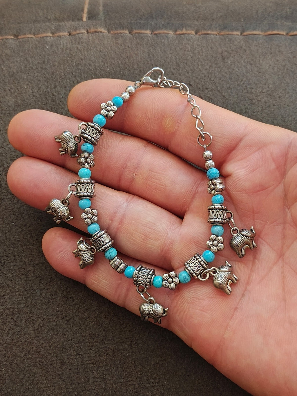 Bohemian Style Turquoise Beaded Elephant Charm Bracelet