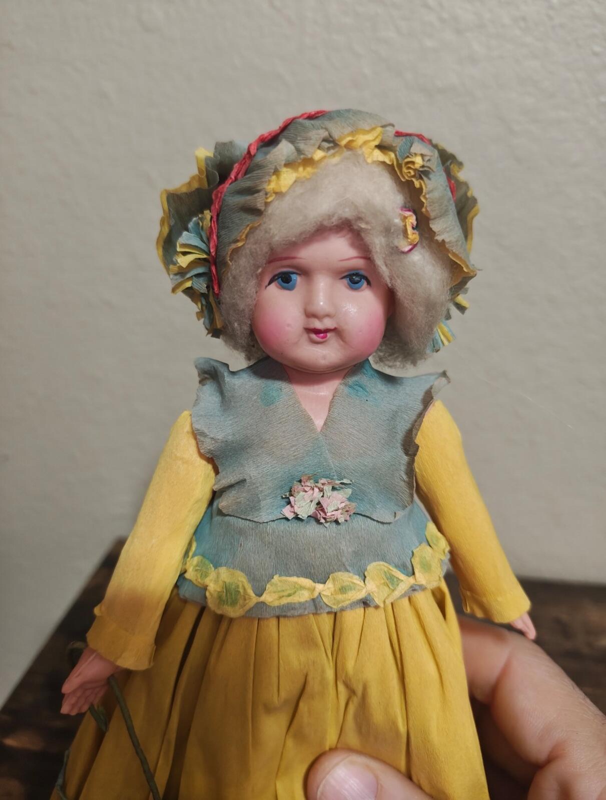 1930s/40s Rare Handcrafted Crepe Paper Doll With Plastic/Celluloid Face & Body