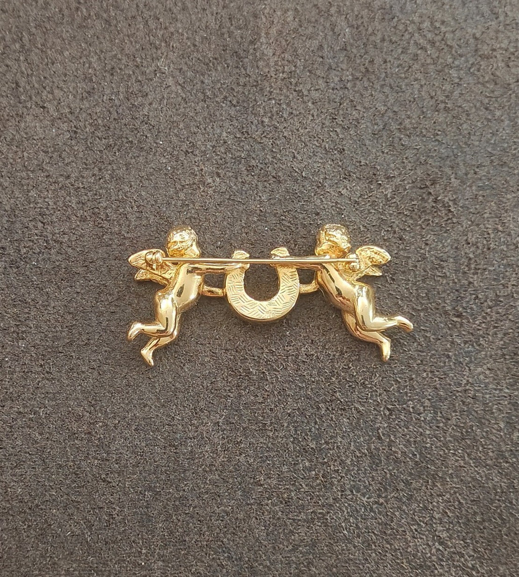 1980s Unsigned Kirks Folly Gold Tone Cherub & Lucky Horseshoe Brooch Pin