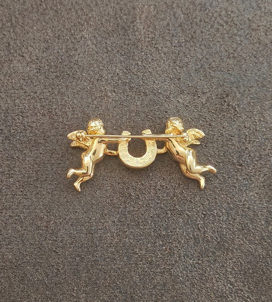 1980s Unsigned Kirks Folly Gold Tone Cherub & Lucky Horseshoe Brooch Pin
