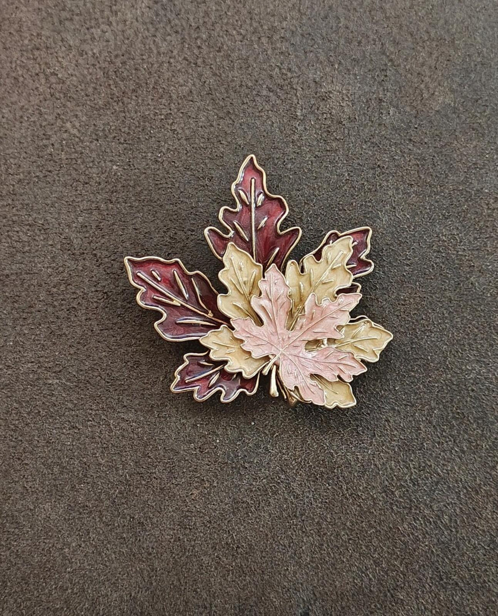Tri Layered Gold Tone Multi Colored Handpainted Enamel Maple Leaf Brooch