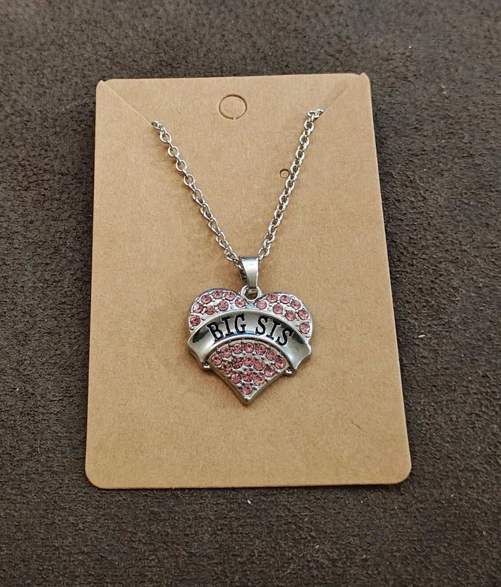 Silver Tone "Big Sis" Crystal Heart Pendant Necklace New On Card
